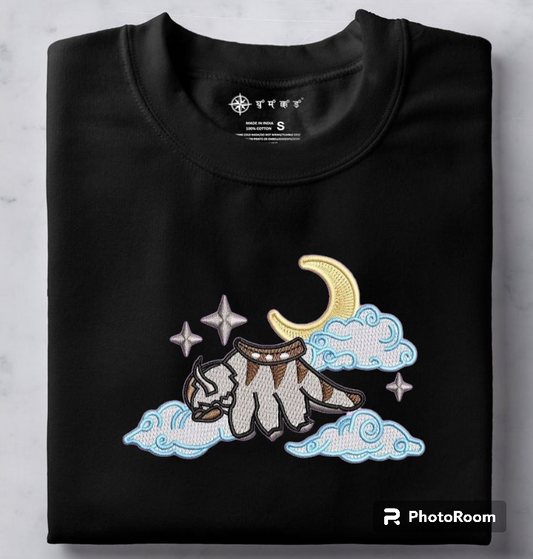 Appa on clouds with the moon and stars.