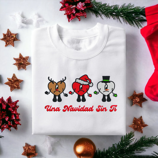 Reeindeer, Santa and Snowman Bad Bunny hearts with "Una Navidad Sin Ti"