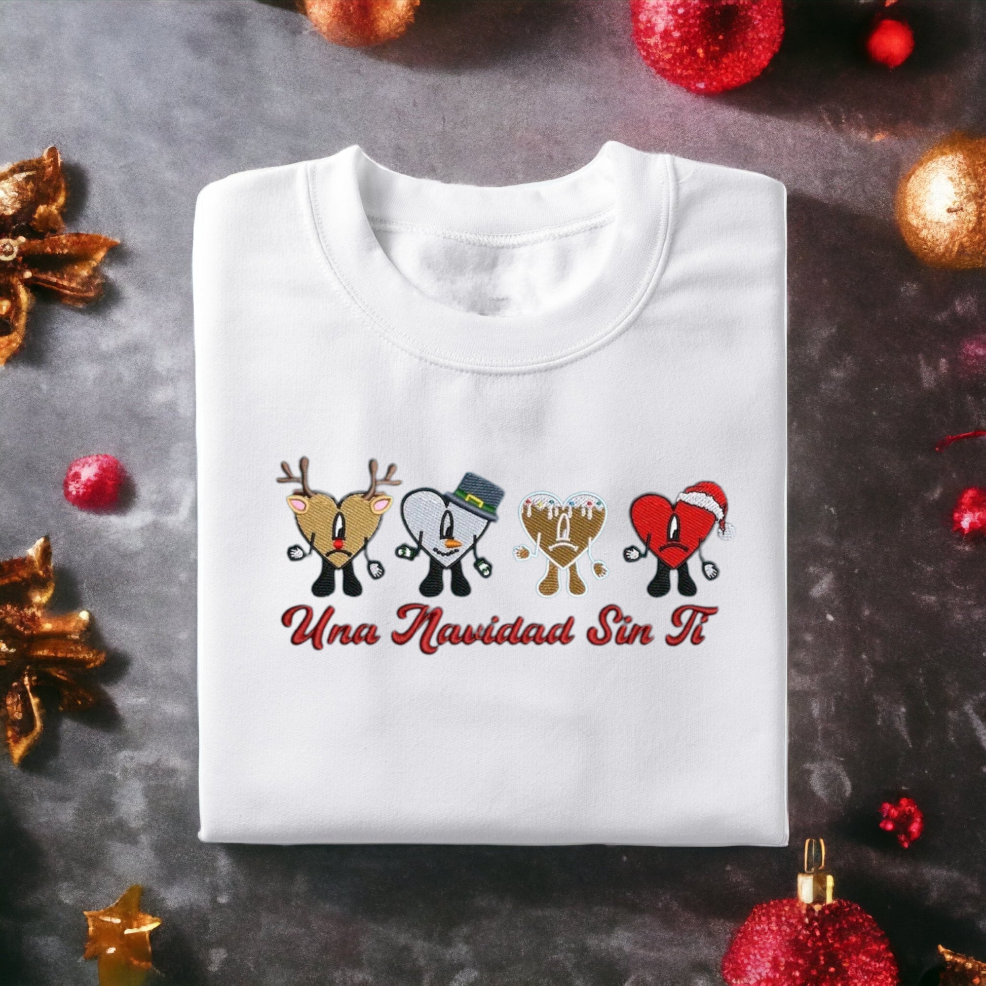 Reindeer, Snowman, Ginger and Santa Bad Bunny hearts with "Una Navidad Sin Ti"