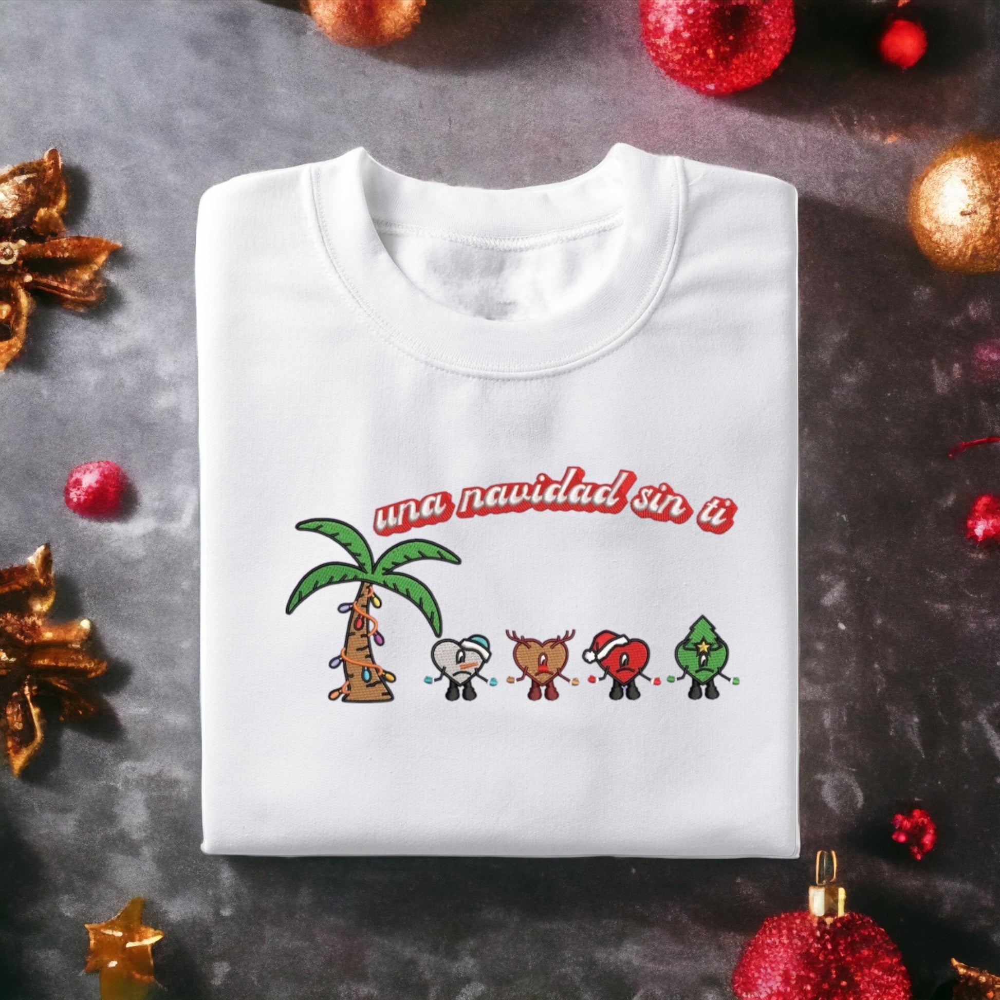 "Una Navidad Sin Ti" with christmas decorated palm tree, snowman, reeindeer, santa and christmas tree, Bad Bunny hearts.