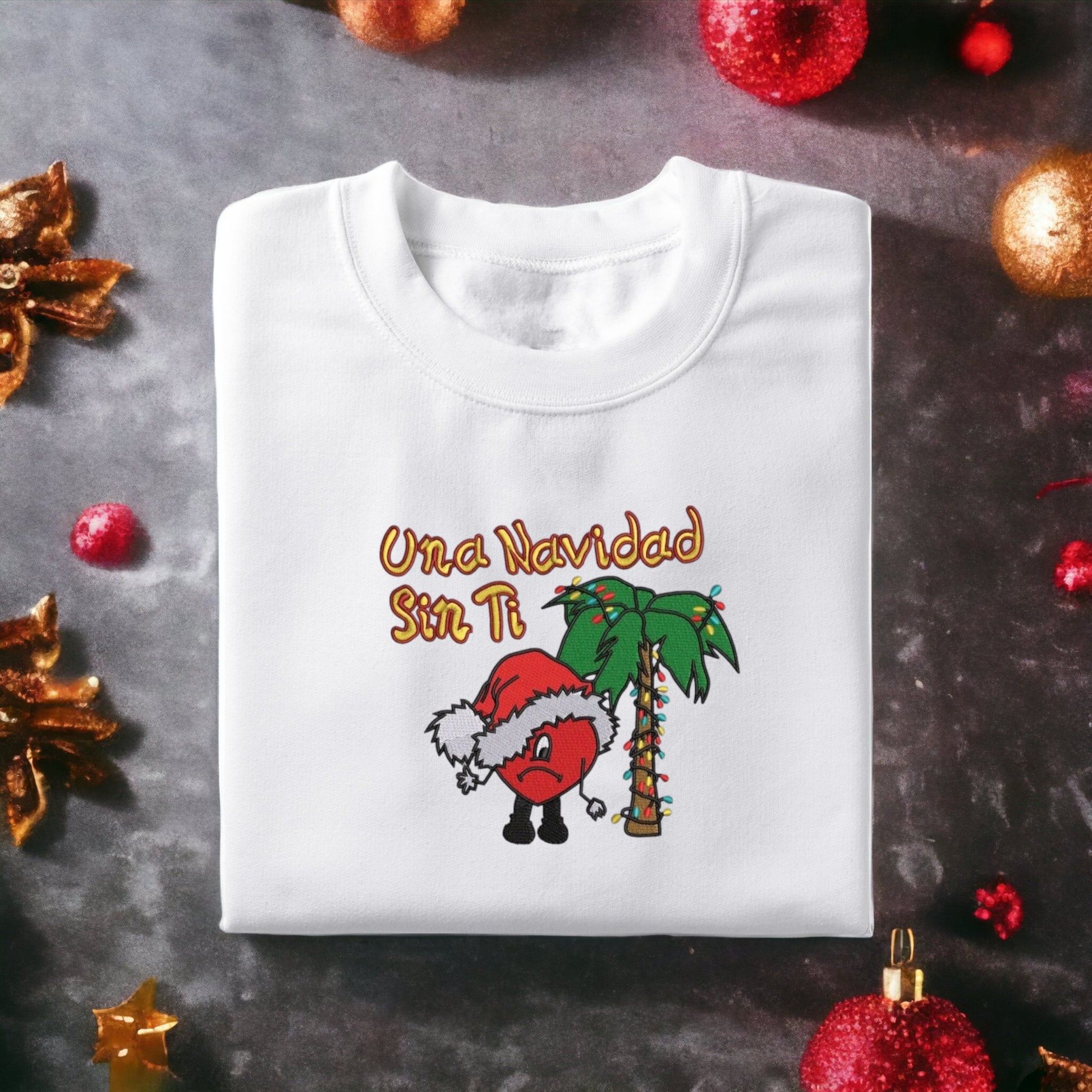 Una Navidad Sin Ti, Santa Bad Bunny heart with christmas decorated palm tree.